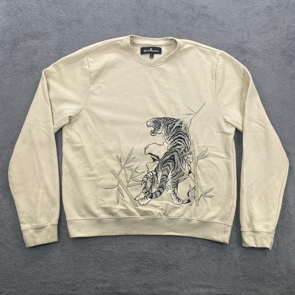 Blind Rooster Sweatshirt Mens Large Beige Tiger Embroidered Crewneck Fleece